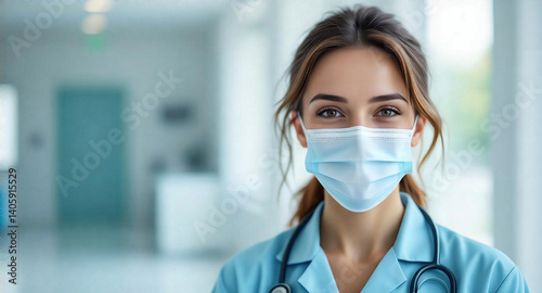 Generate an AI photo of a female healthcare professional wearing a mask and stethoscope, smiling warmly in a bright, modern clinical setting.  Isolate on white background.  Emphasize depth of field, a
