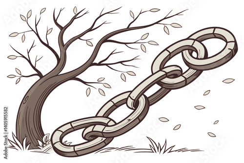 44 Surreal wooden chain link, intertwined tree branches forming a circle, organic ring sculpture, nature-inspired art, floating leaves, white background, hyperrealistic texture, high detail bark, symb