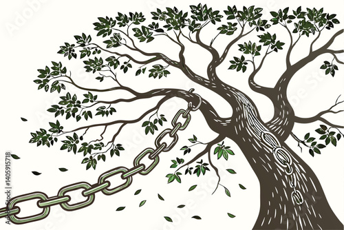 44 Surreal wooden chain link, intertwined tree branches forming a circle, organic ring sculpture, nature-inspired art, floating leaves, white background, hyperrealistic texture, high detail bark, symb