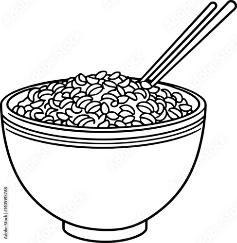 Line Art Illustration Of A Bowl Of Rice With Chopsticks
