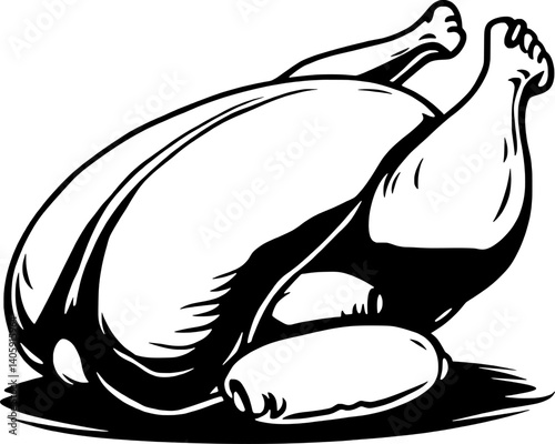 A Stylized Black And White Illustration Of A Whole Roasted Chicken