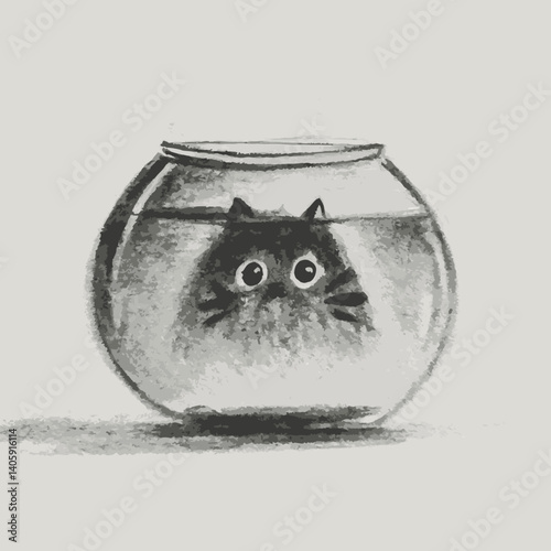 Cat peeking curiously in fishbowl on neutral background  