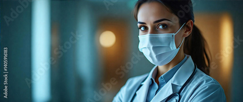 A professional female medical doctor in a crisp uniform and face mask,  exuding confidence and competence.  Depth of field, moody lighting,  warm atmosphere,  photorealistic style, high quality.  Add 
