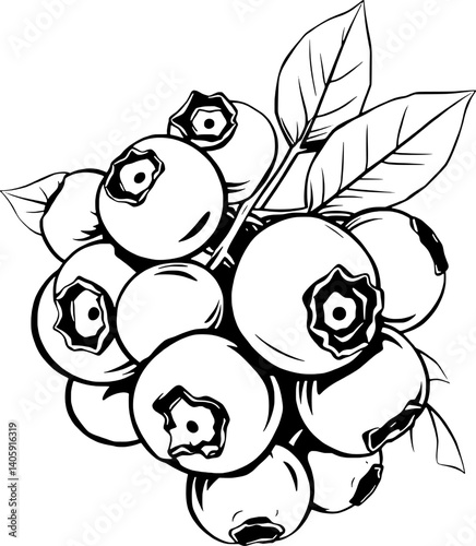 A Detailed Line Drawing Of A Cluster Of Ripe Blueberries On The Branch With Leaves