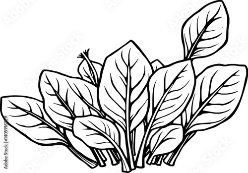 A Detailed Line Drawing Of Fresh Spinach Leaves A Bunch Of Green Leafy Vegetables