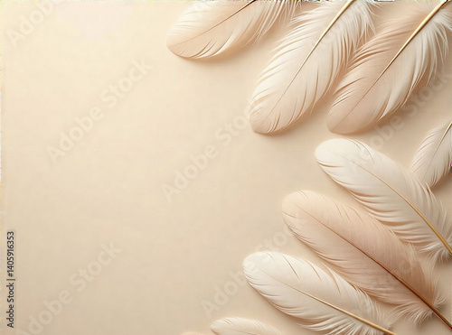 Beige background, delicate feathers arranged in a minimalist style, perfect for a social media post; exudes calm and sophistication; ample blank space for text; stock image; high depth of field; soft,