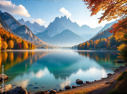 Splendid autumn view of Fusine lake, bright morning scene of Julian Alps with Mangart peak on background, Province of Udine, Italy.  Europe travel concept.  Depth and mood, vibrant lighting and atmosp