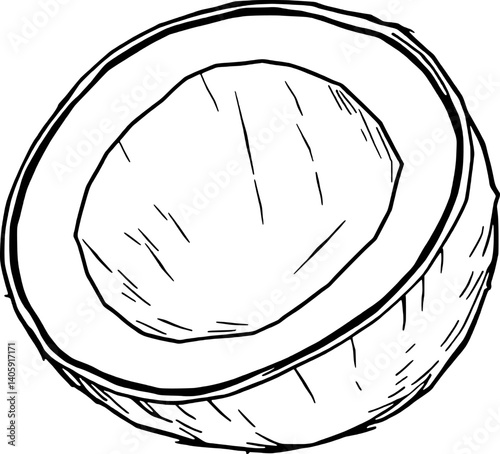 Hand-Drawn Sketch Of A Halved Coconut Showing The White Flesh Inside