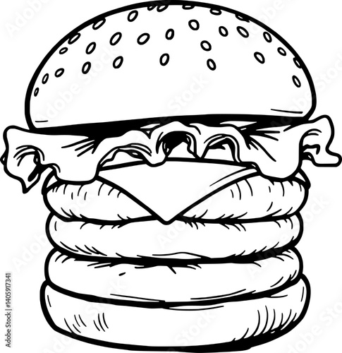 Delicious Triple-Decker Burger Illustration A Hand-Drawn Sketch of a Juicy Layered Burger