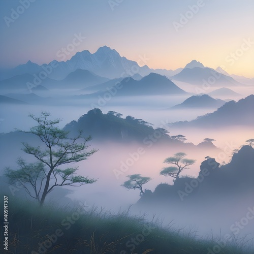 A mystical village perched atop a floating island, shrouded in eternal fog. The edges of the island drop off into an endless abyss, and wooden pathways extend between the village’s stilted huts
