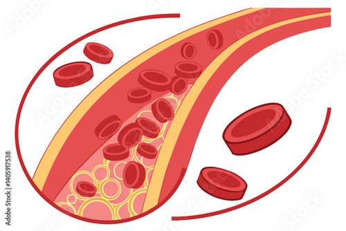 45 Medical illustration, cross-section of blood vessel, red blood cells, circular composition, vibrant red color, scientific visualization, anatomical detail, microscopic view, health and biology conc