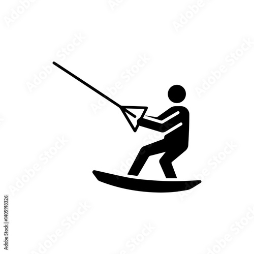 Wakeboarder Holding Rope with Bent Knees in Flat Style Black Icon