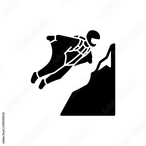 Wingsuit Diver Near Mountain in Spread Pose Black Icon Style