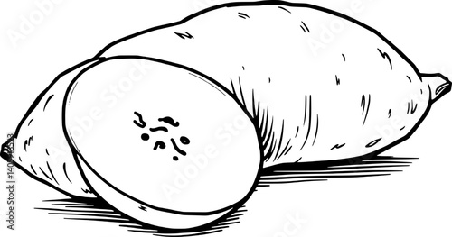 Hand-Drawn Illustration Of A Whole And Sliced Sweet Potato