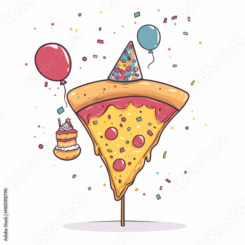 A festive pizza slice wearing a party hat, anda tiny slice of cake, with confetti and balloons floating around