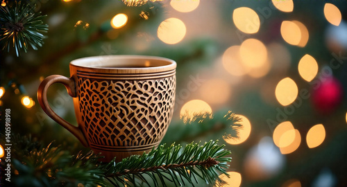 A wooden cup, intricately decorated, sits on a Christmas tree branch with a bokeh background of twinkling Christmas lights.  Create a festive and inviting atmosphere for a coffee shop Christmas card d