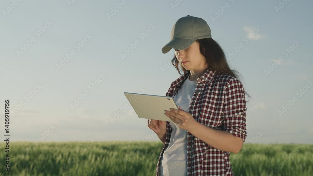 farmer works with a tablet in a field with green wheat, the concept of farming business, an agronomist checks the seedlings of rye, modern technologies of grain in agriculture, a male gardener. farmer works with a tablet in a field with green wheat, the concept of farming business, an agronomist checks the seedlings of rye, modern technologies of grain in agriculture, a male gardener.