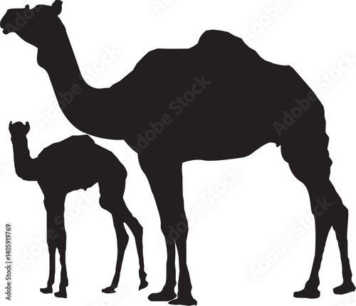 camel and calf, black and white, minimalist design, negative space, simple shapes, stark contrast, desert animals, parent and child, side profile, clean lines, vector art style graphic illustration