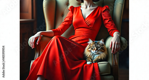 A captivating AI photo of a figure in a vibrant red dress, seated in an armchair. A fluffy cat is nestled beside the figure.  Deep, rich lighting and a mood of quiet contemplation.  High-quality photo