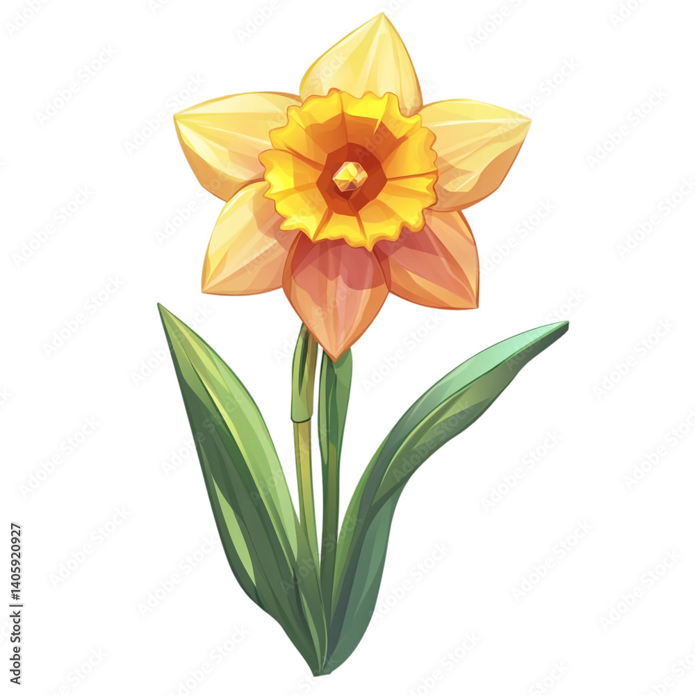 Fototapeta premium A single yellow daffodil flower with green leaves a vibrant spring bloom