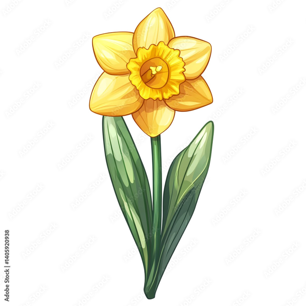 Fototapeta premium A single yellow daffodil flower with green leaves a spring bloom illustration