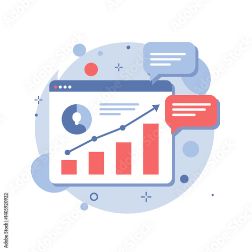 Team Collaboration with Bar Chart and Speech Bubbles on a Graphic Background  