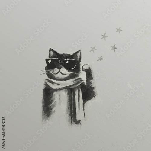 Stylish cat wearing sunglasses shows cool attitude against a gray background  