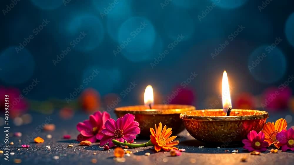 Traditional clay oil lamp lit with flame surrounded by vibrant marigold and chrysanthemum flowers on a dark festive background