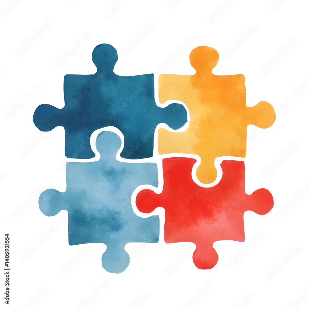 Four vibrant watercolor puzzle pieces fitting together, symbolizing unity, collaboration, and the strength found in diversity. Four vibrant watercolor puzzle pieces fitting together, symbolizing unity, collaboration, and the strength found in diversity.