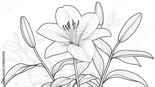 Wallpaper Mural Lily flower line drawing, elegant black and white floral outline. Torontodigital.ca