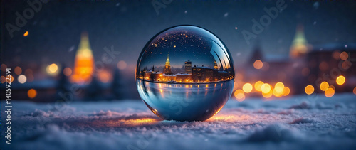 A mesmerizing glass sphere beautifully reflects a stunning snowy cityscape adorned with glowing lights at night.  Depth and mood should be prominent.  Vivid lighting and a magical atmosphere.  High-qu