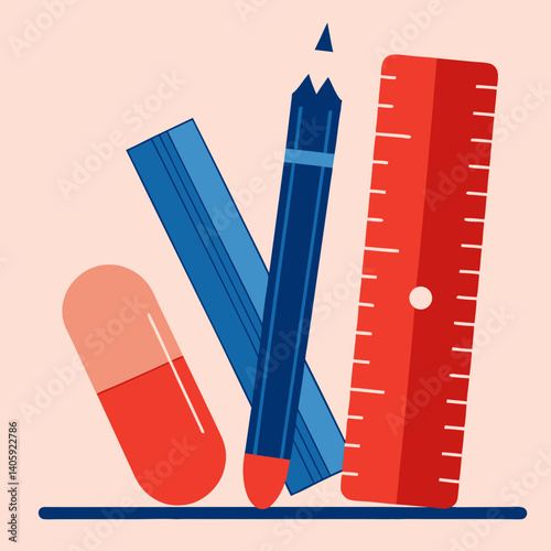 Stationery items in flat style with red and blue colors
