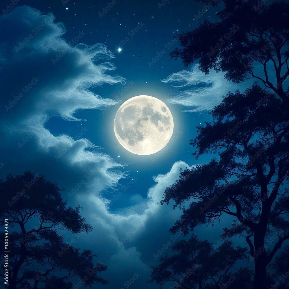 Fototapeta premium Full moon in a night sky with clouds and silhouetted trees.