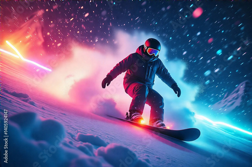 Dynamic abstract photo of a glowing snowboarder, surrounded by a radiant snowstorm, vibrant neon lights, energetic winter scene.  Focus on depth, mood, vibrant lighting, and a futuristic, energetic at