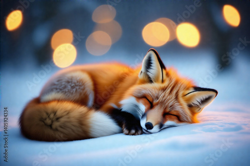 A peacefully sleeping fox resting on a snowy landscape, with cozy bokeh lights softly illuminating the background, creating a heartwarming and serene scene of nature's tranquility and beauty.  Focus o