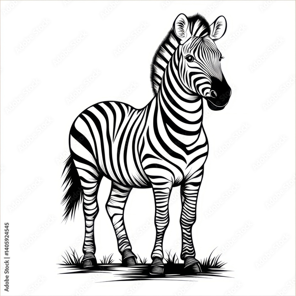 Fototapeta premium Black and white illustration of a zebra standing.