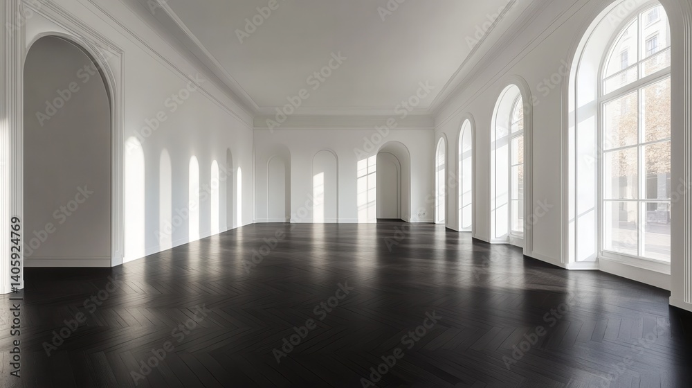 Perspective of white empty room and dark laminate floor,classic interior style.blank space architecture.3d rendering illustration Perspective of white empty room and dark laminate floor,classic interior style.blank space architecture.3d rendering illustration