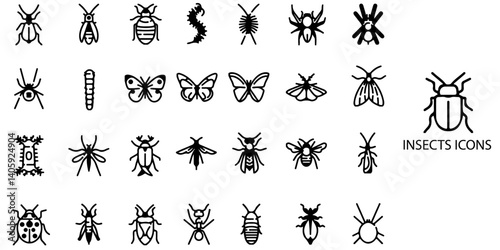 Insect simple concept 28 icons set. Contain such Butterfly, bug, dung beetle, grasshopper, cockroach, scarab, bee and more .Vector illustration.	