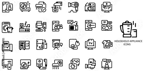 Household and Appliance simple concept 28 icons set. Contain such Computer monitor, web camera, keyboard, air conditioner, intercom, fridge, dishwasher and more .Vector illustration.	