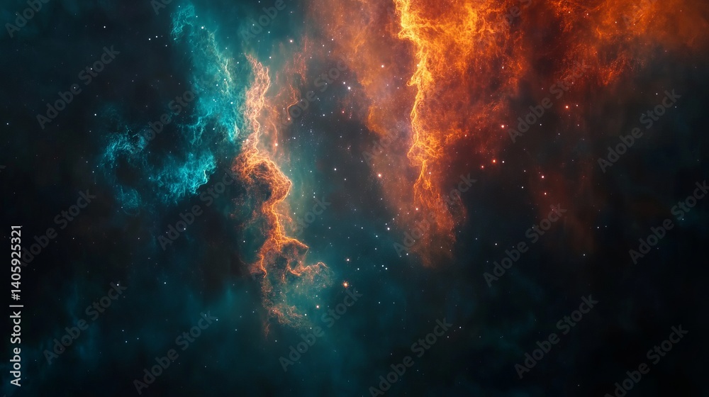Fototapeta premium A vibrant nebula with orange and blue hues illuminating a star filled cosmic expanse in deep space view