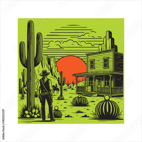 Title: Western Valley Landscape with Horse Rider and Cactus