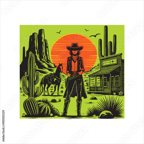Sunset Western Landscape with Cowgirl and Horse