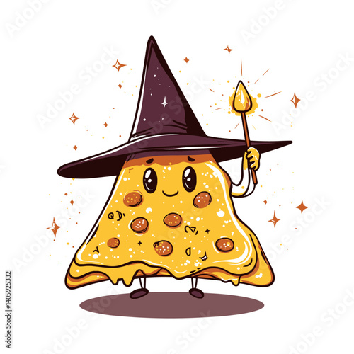 A magical pizza slice with a pointy wizard hat, holding a wand, with cheese and toppings sparkling like magic dust around it.