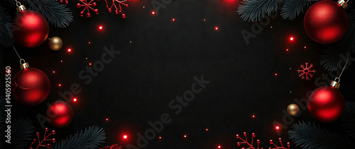 Bold and elegant black Christmas backdrop with rich red highlights, metallic ornaments, and dynamic lighting effects for a stunning visual.  Add depth, mood, and a festive atmosphere.  High style and 