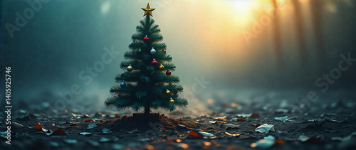 An artistic, highly detailed AI photo of a plastic Christmas tree, highlighting environmental pollution. Depict the tree with depth, a melancholic mood, dramatic lighting, and a sense of atmosphere.  