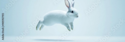 White bunny mid-jump with ears up showcasing agility against a clean background in a moment of frozen motion