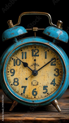 Old, blue clock with a yellow face on wood, showing time against dark background