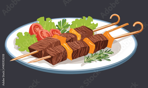 Beef Skewers on Plater - Vector Illustration