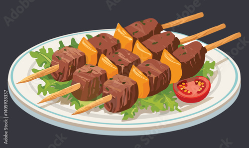 Beef Skewers on Plate with Cheese - Vector Illustration