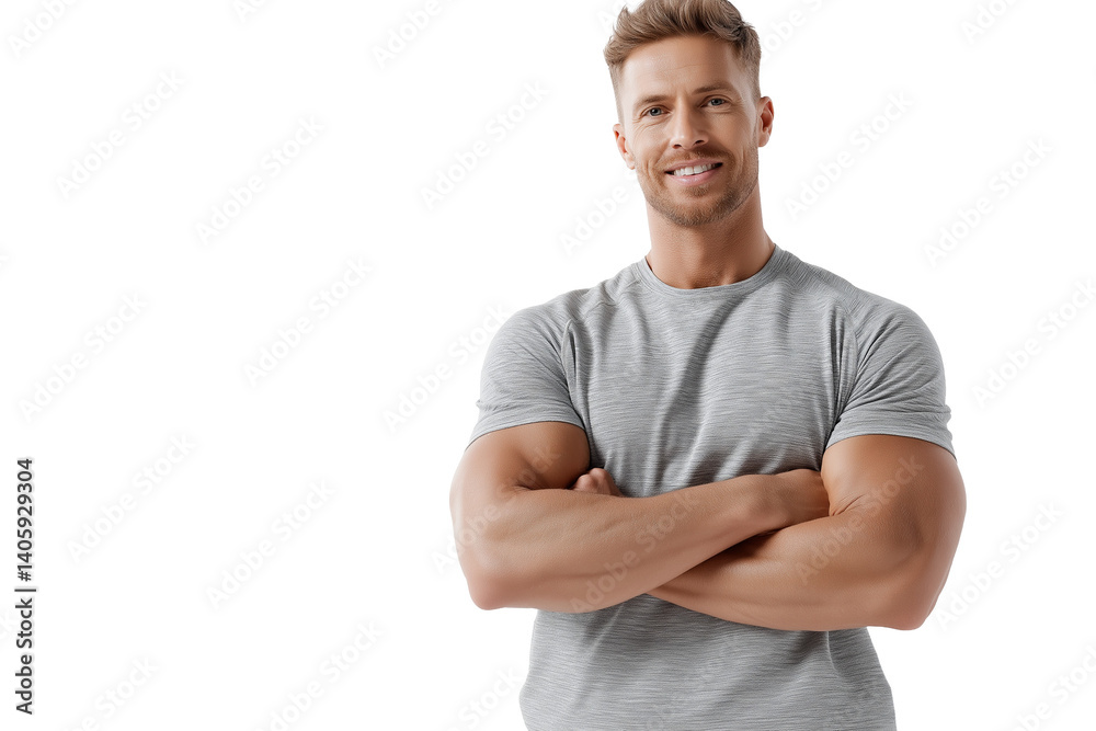 Fototapeta premium Smiling Fit Young Man with Crossed Arms Wearing Gray T-Shirt